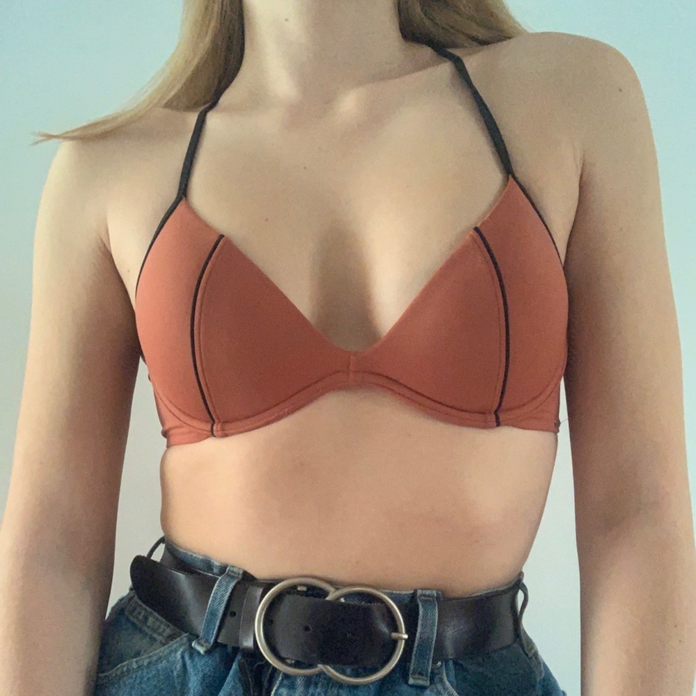 orangey-brown bikini top with black stripe from PINK